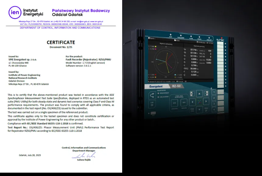 Certificate of Conformity for RZ-50 PMU granted by the Institute of Energy - National Research Institute